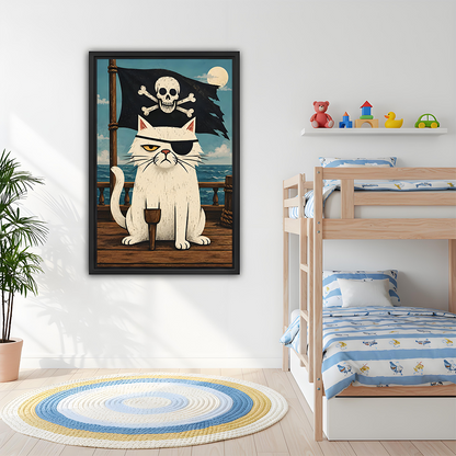 Woman holding framed pirate cat canvas wall art with a skull-and-crossbones flag