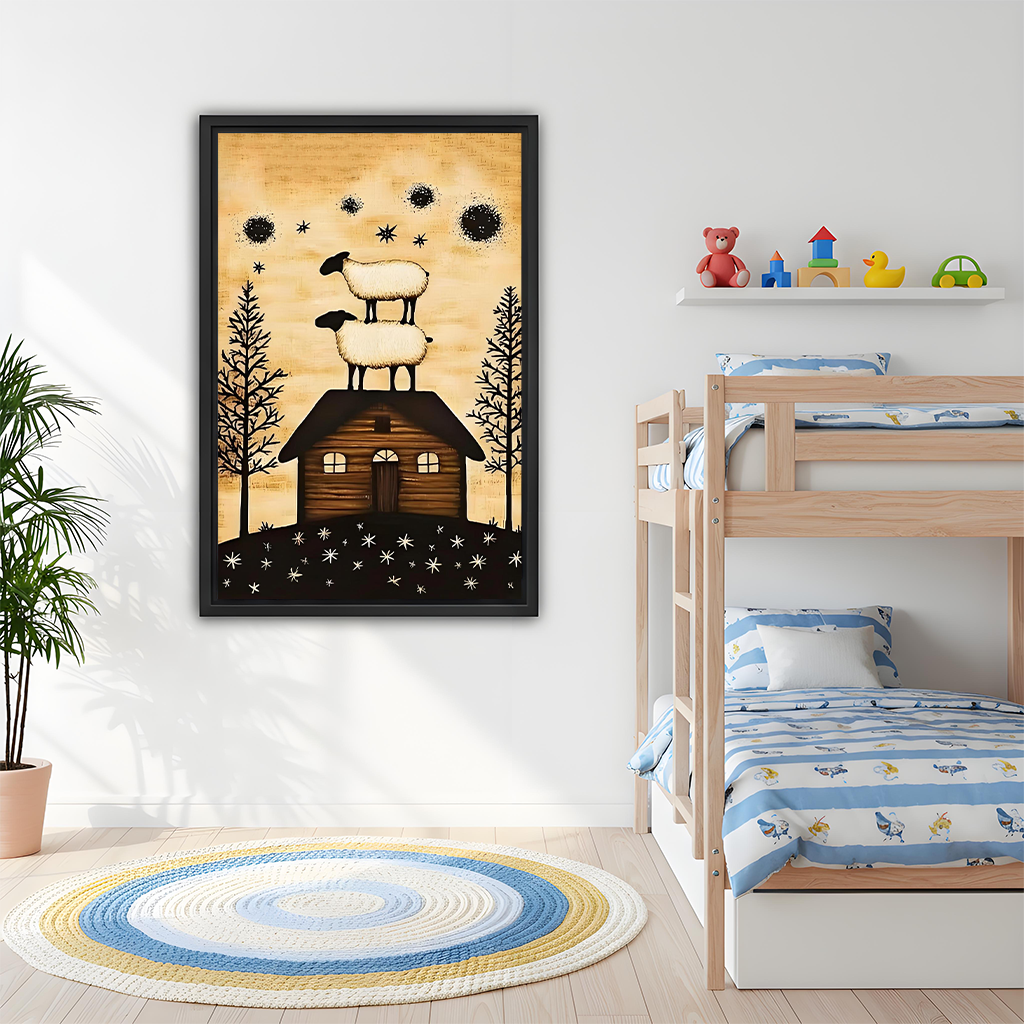Woman holding framed sheep cabin canvas wall art with two sheep beneath a starry sky