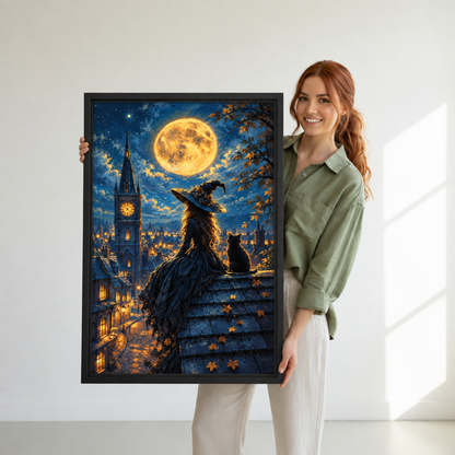 A woman holds witch and black cat canvas wall art beneath a glowing moon over a night city.