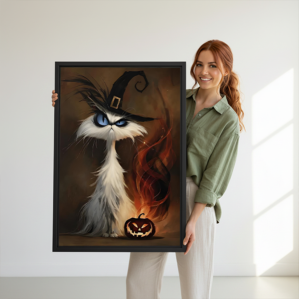 Framed witch cat Halloween canvas wall art displayed above a cream sofa in a bright living room