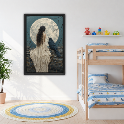 Framed woman and raven moon canvas wall art on a bedroom wall, with deep blue-gray tones.