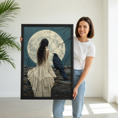 Woman holding framed woman and raven moon canvas wall art with a pale moon and dark branches.