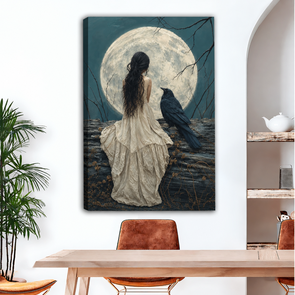 Gallery-wrap woman and raven moon canvas wall art above a dining table, with visible wrapped edges.