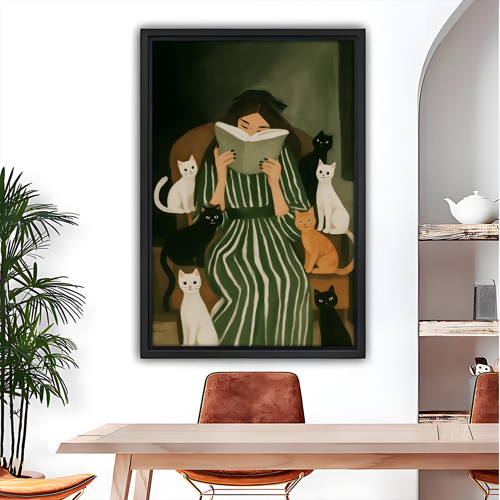 Woman reading with cats canvas wall art displayed beside a bunk bed in a cheerful children's bedroom