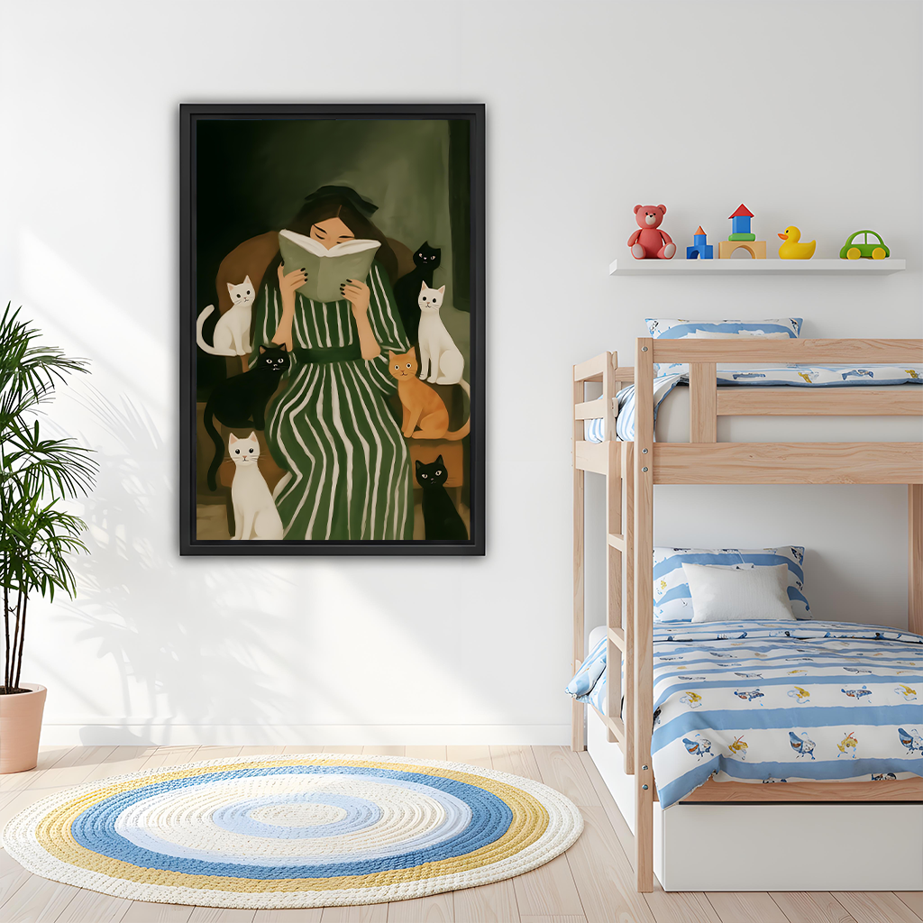 Woman reading with cats canvas wall art shown as a gallery-wrap canvas above a dining table