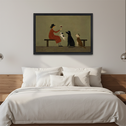 Framed vintage woman and three dogs canvas wall art hanging above a bed with crisp white bedding