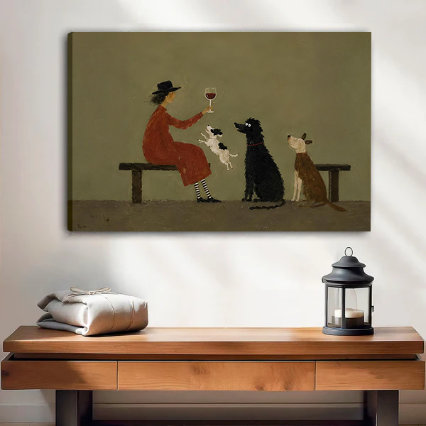 Black framed woman with wine glass and three dogs canvas wall art above a wooden bench and candle lantern