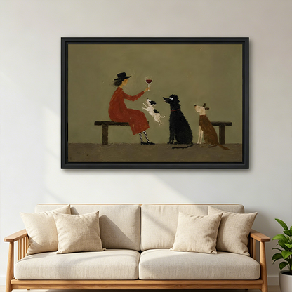 Smiling woman holding a large framed woman toasting three dogs canvas wall art in a sunlit white room