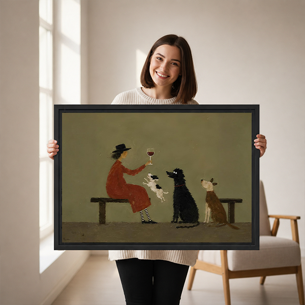 Unframed gallery-wrap woman toasting three dogs canvas wall art hanging above a wooden entryway bench
