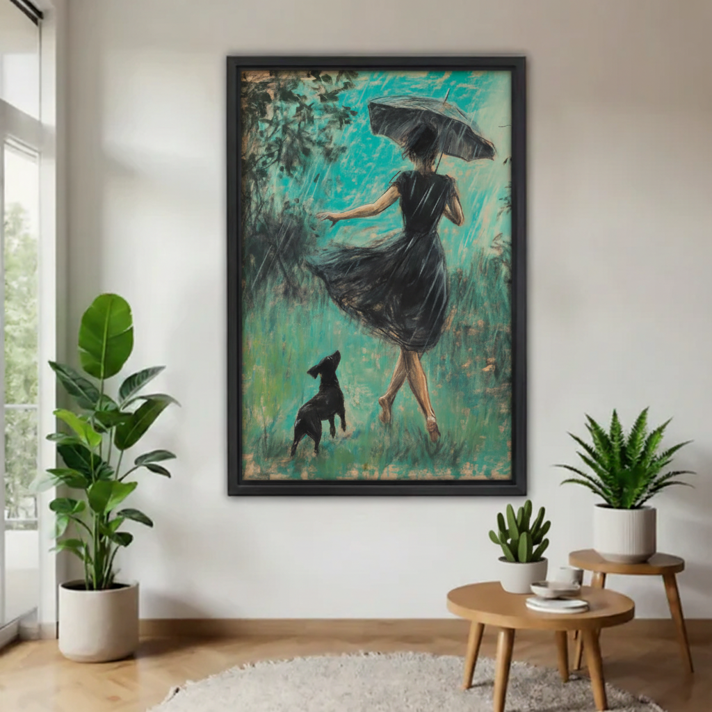 Large framed portrait wall art featuring woman in black dress with umbrella and dog in teal rainy garden, styled with indoor plants