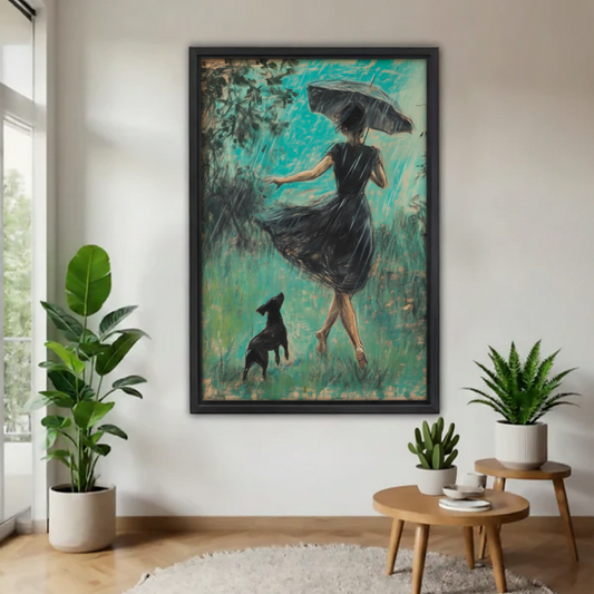 Large framed portrait wall art featuring woman in black dress with umbrella and dog in teal rainy garden, styled with indoor plants