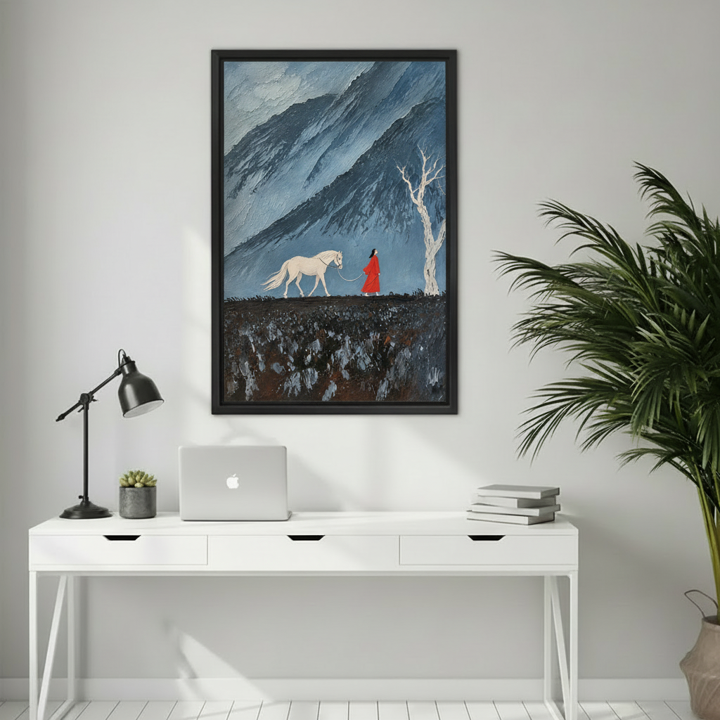 Framed woman and white horse canvas wall art bringing dramatic contrast to a bright home office.