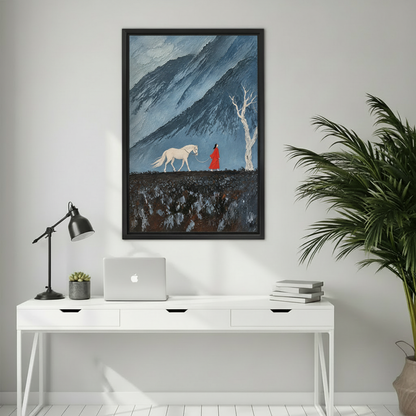 Framed woman and white horse canvas wall art bringing dramatic contrast to a bright home office.