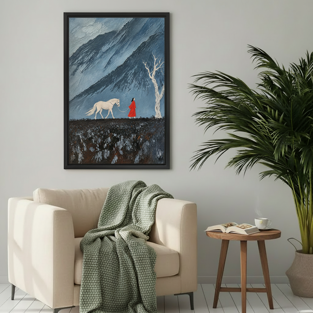 Framed woman and white horse canvas wall art displayed above a cozy cream reading chair.
