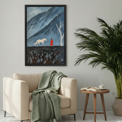Framed woman and white horse canvas wall art displayed above a cozy cream reading chair.