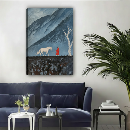 Gallery-wrap woman and white horse canvas wall art displayed above a modern dark blue sofa.