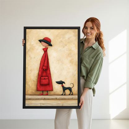 Framed woman with dog canvas wall art above a bedroom, showing a red-dressed figure and small black dog