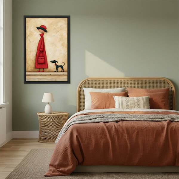 Woman with dog canvas wall art in a modern room, showing a red-dressed figure beside a black dog
