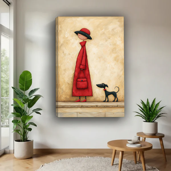 Woman holding woman with dog canvas wall art featuring a red dress, wide hat, and small black dog