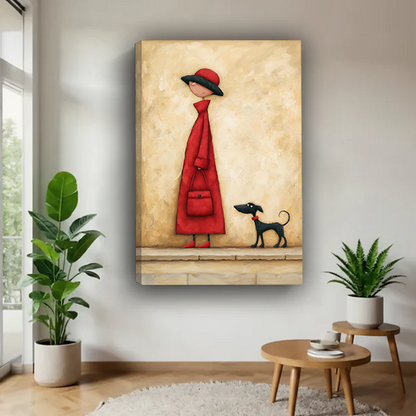Woman holding woman with dog canvas wall art featuring a red dress, wide hat, and small black dog