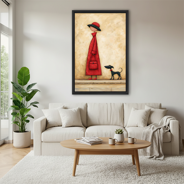 Framed woman with dog canvas wall art above a sofa, featuring a red dress and small black dog