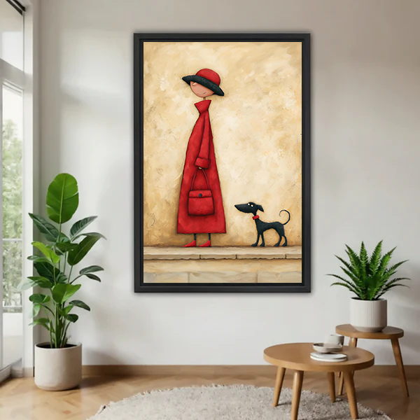 Woman with dog canvas wall art in a bright room, showing a red-dressed figure beside a small black dog
