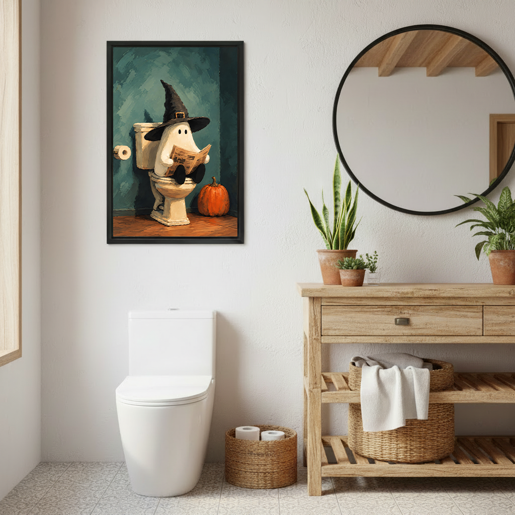 Two women holding framed Halloween ghost bathroom canvas wall art in a bright bathroom