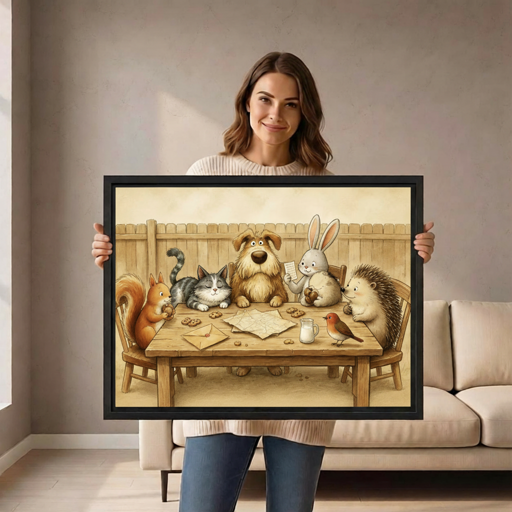 Woman holding large whimsical woodland animal friends framed canvas print showing size reference