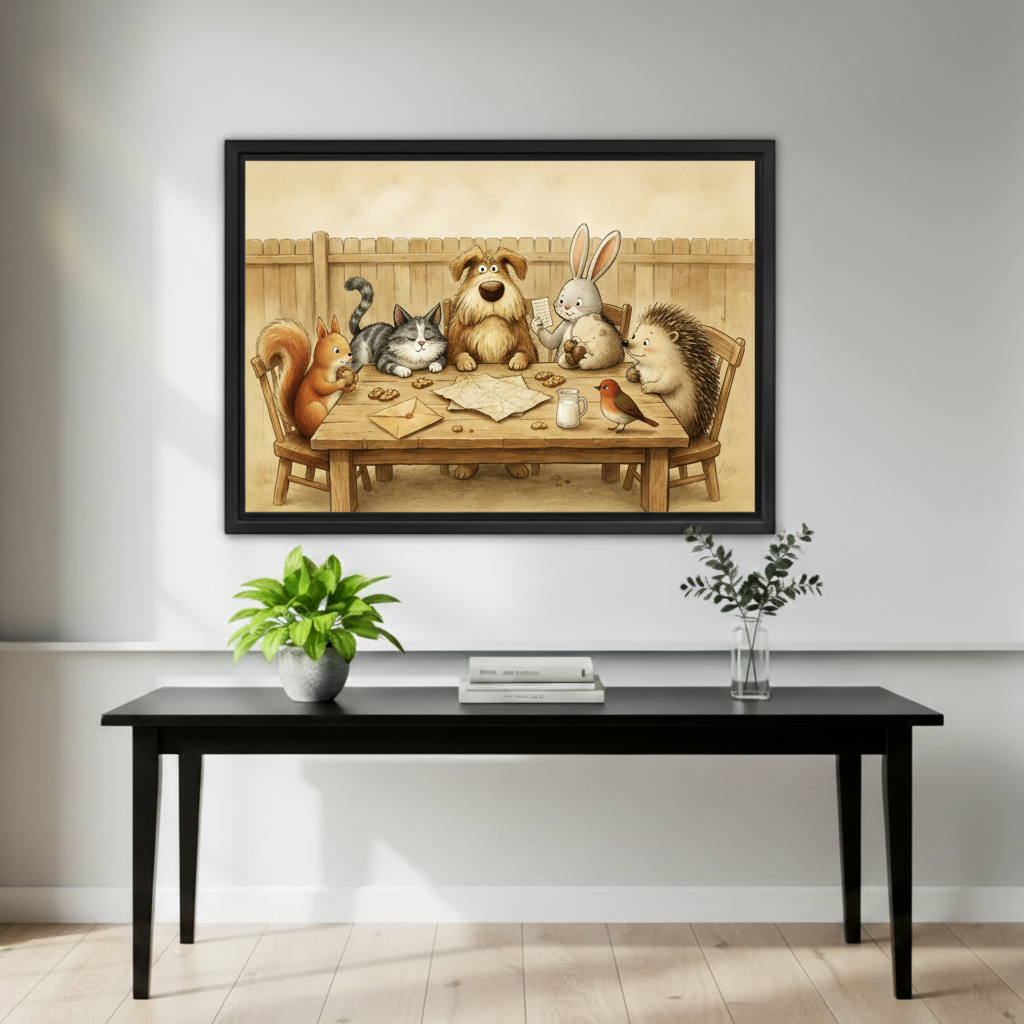 Charming woodland animal friends gathering canvas print above sofa in warm Scandinavian living room