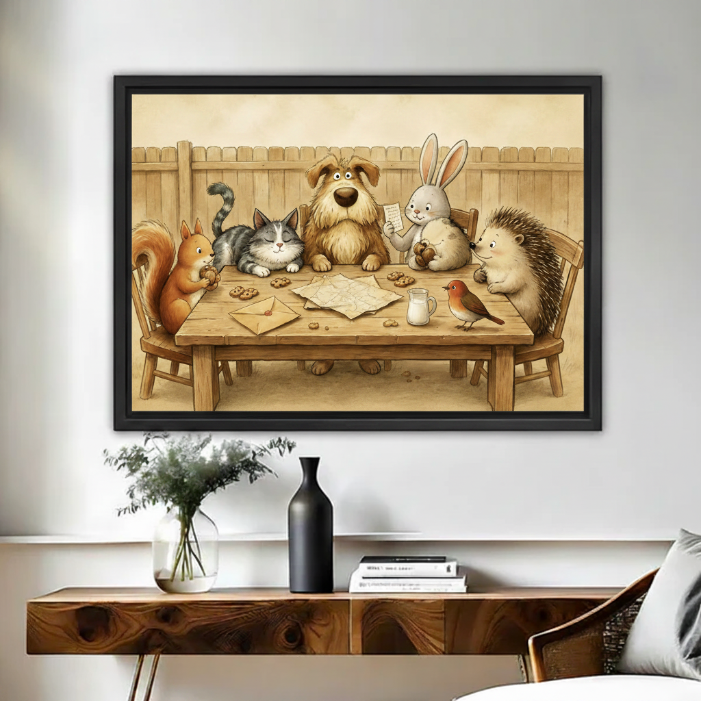 Whimsical woodland animal friends gathering around table framed canvas print hung in cozy bedroom