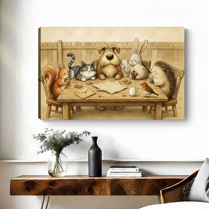 Woodland animal friends storybook scene gallery wrap canvas art displayed above console table in living room