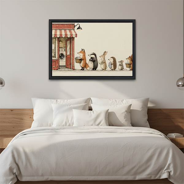 Unframed woodland animal laundry canvas wall art with a cream background above a wooden console with a lantern.