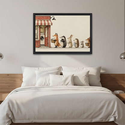 Unframed woodland animal laundry canvas wall art with a cream background above a wooden console with a lantern.