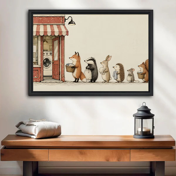 Whimsical woodland animal laundry canvas wall art in a black frame above a cream sofa with neutral cushions.