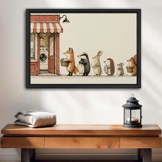 Whimsical woodland animal laundry canvas wall art in a black frame above a cream sofa with neutral cushions.