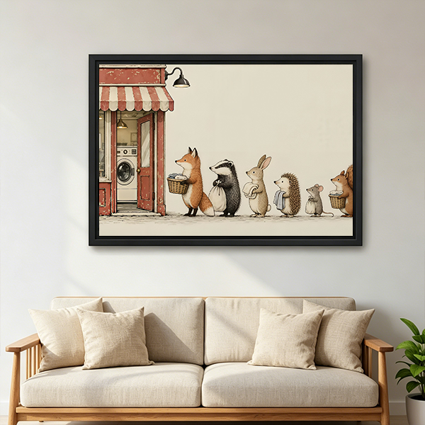 Woodland animal laundry canvas wall art in a black frame above a wooden console beside a black lantern.
