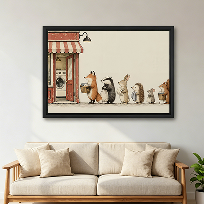 Woodland animal laundry canvas wall art in a black frame above a wooden console beside a black lantern.