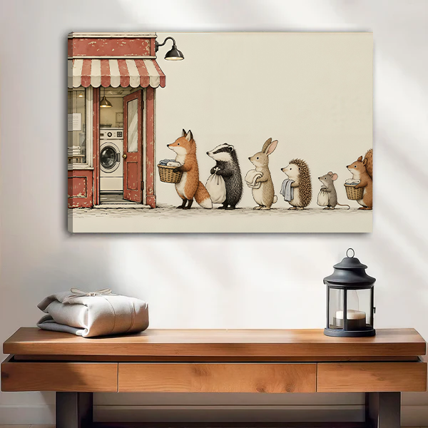 Framed woodland animal laundry canvas wall art showing animals outside a red laundromat, displayed above a white bed.
