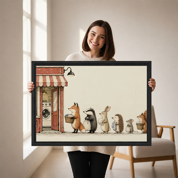Woman holding black framed woodland animal laundry canvas wall art featuring a storybook queue outside a red laundromat.