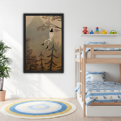 Woman holding black-framed woodland skeleton canvas wall art featuring a playful skeleton hanging from a branch.