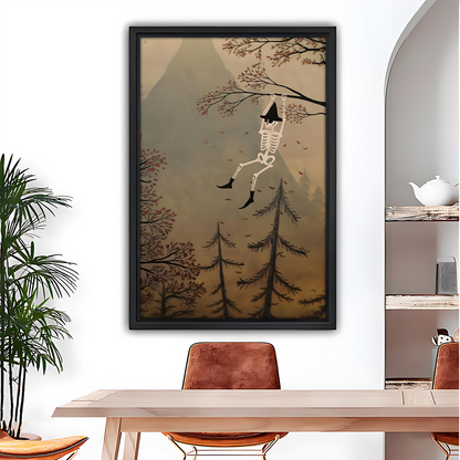 Whimsical woodland skeleton canvas wall art in a black frame above a dining table.