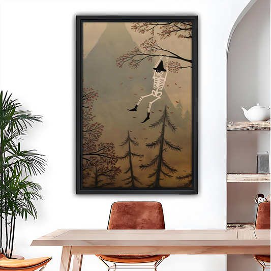 Whimsical woodland skeleton canvas wall art in a black frame above a dining table.