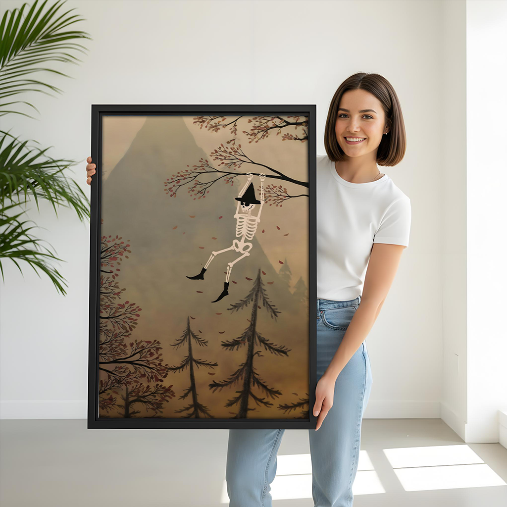 Gallery-wrap woodland skeleton canvas wall art above a dining table, featuring trees and muted autumn colors.
