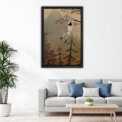 Black-framed woodland skeleton canvas wall art displayed above a gray sofa with blue and white cushions.