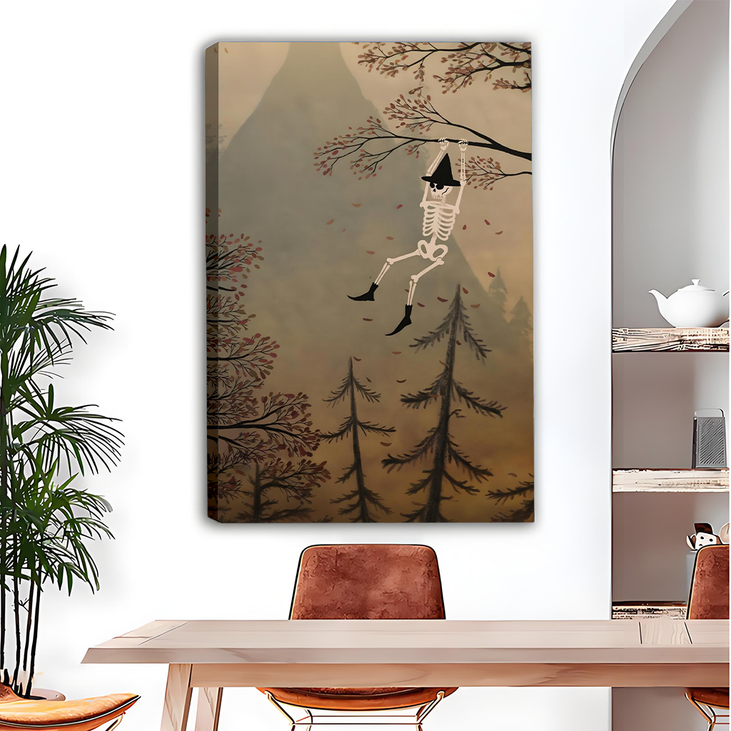 Woodland skeleton canvas wall art with a black frame displayed beside wooden bunk beds.
