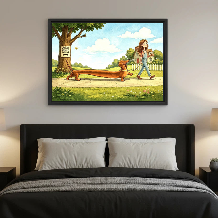 World's Longest Dachshund whimsical cartoon framed canvas print hung above dark bed in modern bedroom