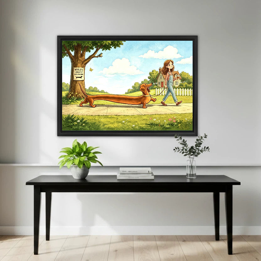 World's Longest Dachshund whimsical cartoon framed canvas wall art displayed above black console table in bright entryway