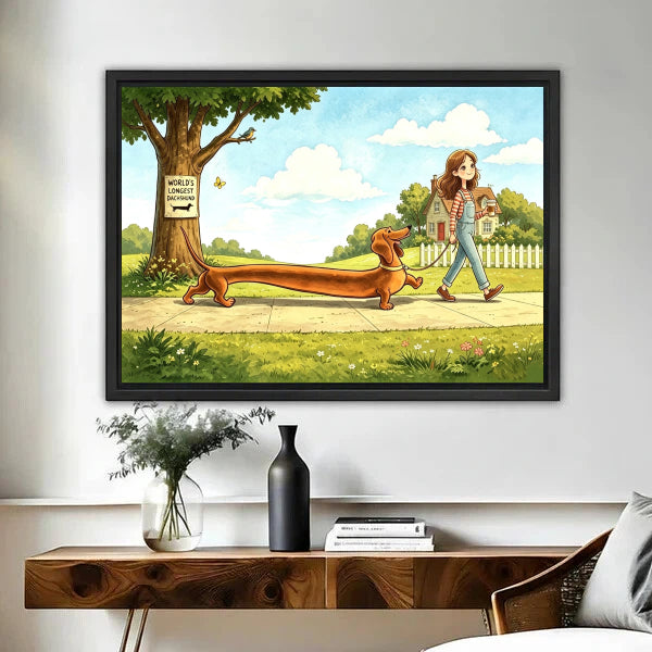 World's Longest Dachshund whimsical cartoon framed canvas print above wooden console table with vases in entryway