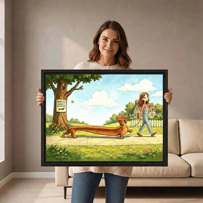 Woman holding World's Longest Dachshund whimsical cartoon framed canvas wall art size reference display
