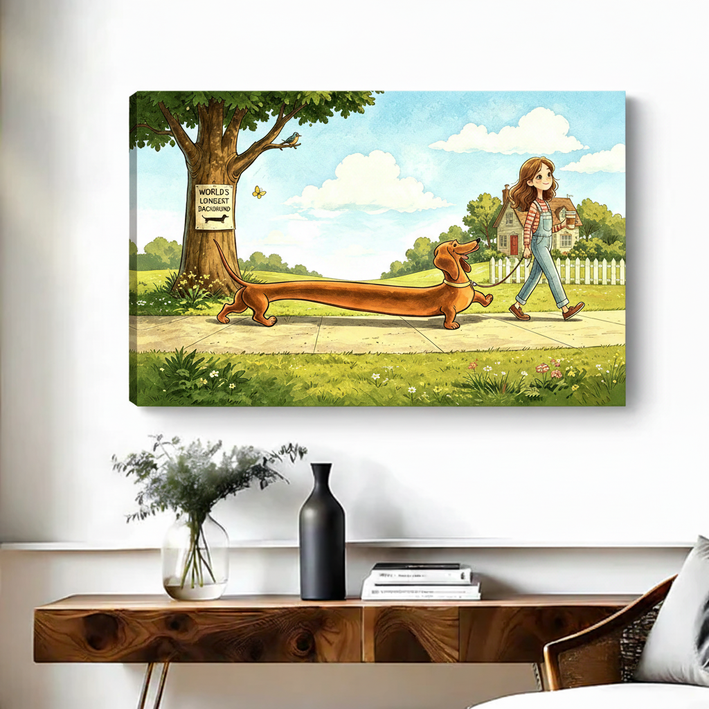 World's Longest Dachshund whimsical cartoon gallery wrap canvas print displayed above wooden console table in modern entryway